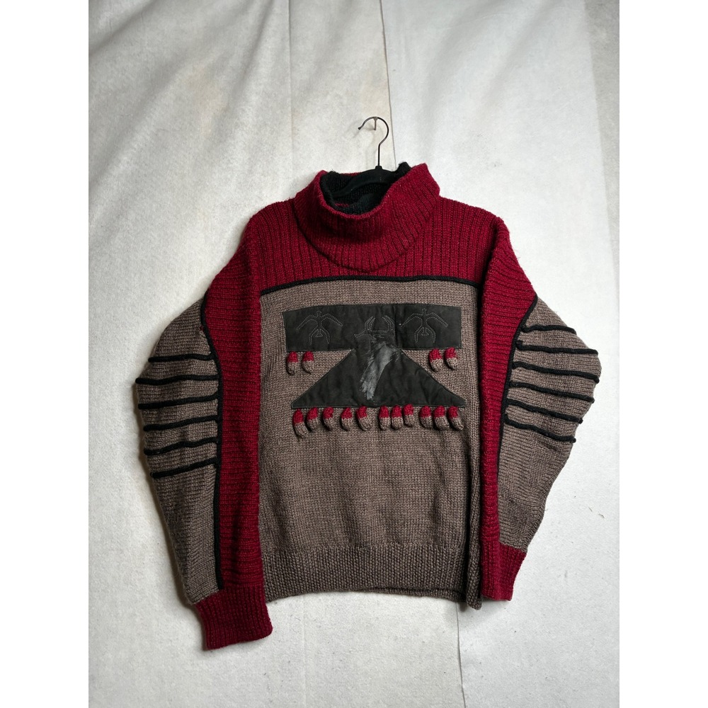 Robert Comstock Vintage‎ Hand Knit Wool Leather Sweater Mens M Southwestern Bird